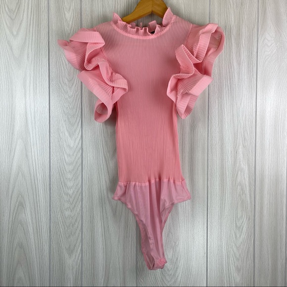 Top Chic Tops - Top Chic Pink Ruffled Sleeve Ruffle Neck Pleated Sheer Bodysuit Romantic Elegant